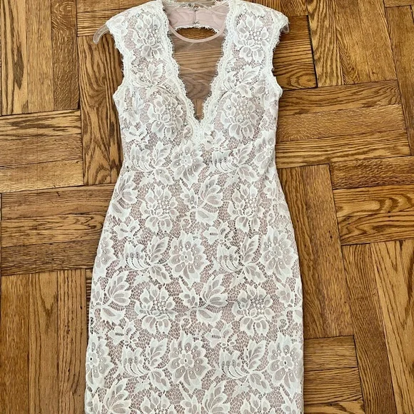 Betsy & Adam | Dresses | Betsy And Adam Ivory Stretch Lace Dress With Nude  Lining And Rhinestones | Poshmark